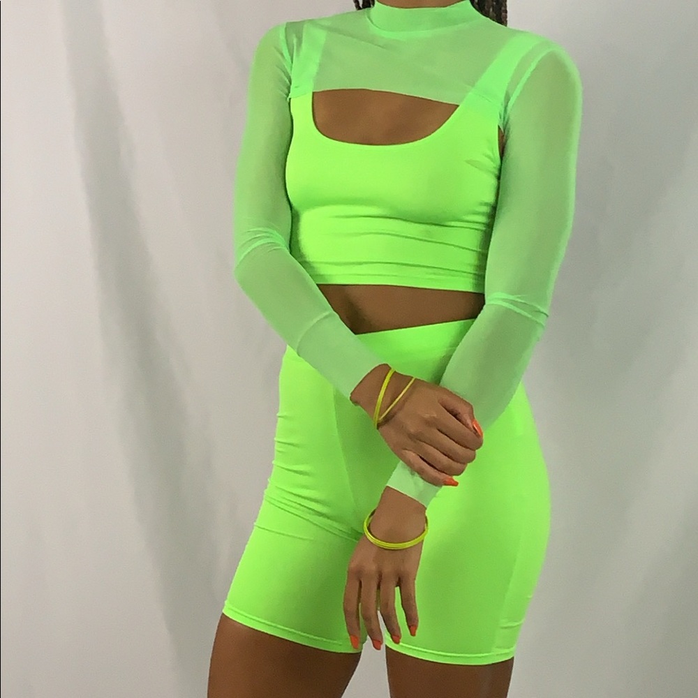 Mesh crop top biker short set